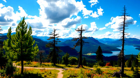 Beautiful view of the lake and forest on the background of mountains