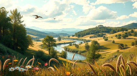 Beautiful summer landscape with meadow, river and blue sky.の写真素材