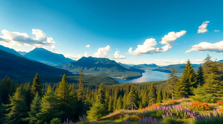 Mountain landscape with lake and meadow in the foreground. Sunny summer day.