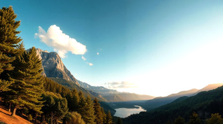 panoramic view of the lake in the mountains with blue sky