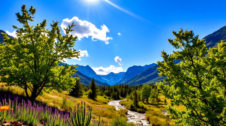 Beautiful alpine landscape with a mountain river and blue sky.