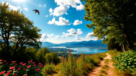 Landscape with lake and mountains in the background. Beautiful summer landscape.の写真素材