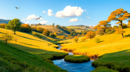 panoramic view of the meadow and the river at sunsetの写真素材