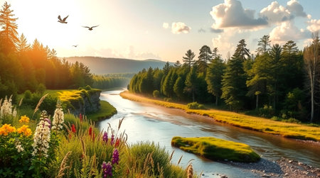 Landscape with wildflowers and river at sunset. Carpathians, Ukraineの写真素材