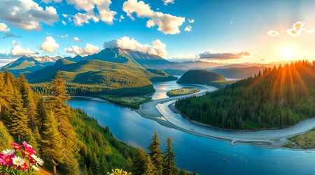 Panoramic view of alpine lake. Picturesque summer landscape.