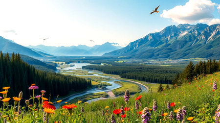 Mountain landscape with river and meadow in summer, Canadian Rockiesの写真素材