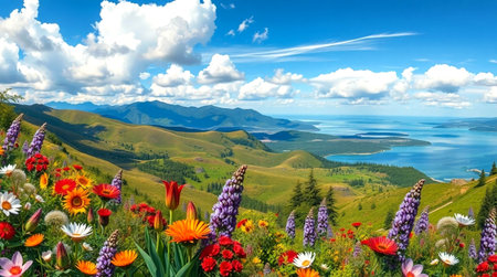 Panoramic view of a lake from the top of the mountain