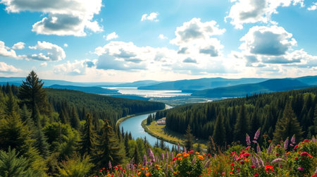 Panoramic view of the lake and the mountains in the summerの写真素材