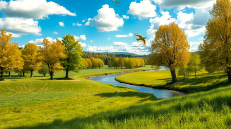 Beautiful spring landscape with meadow, forest and blue sky.の写真素材