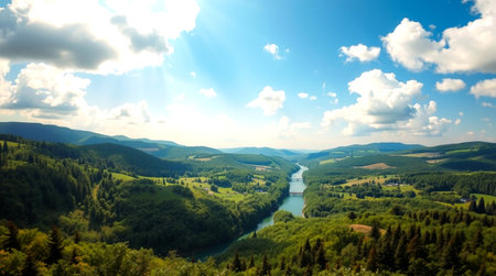Panoramic view of the river in the Carpathian mountainsの写真素材