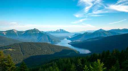 Mountain landscape with lake and blue sky. View from the top.の写真素材