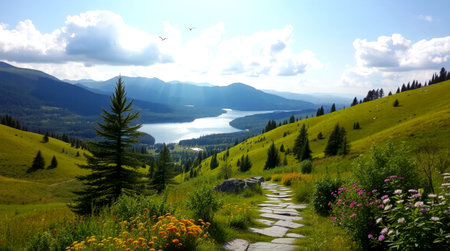 Mountain landscape with lake and forest on the hillside in summerの写真素材