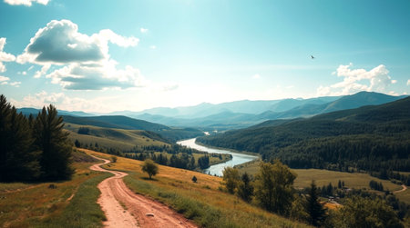 Panoramic view of the Altai mountains and the river.の写真素材