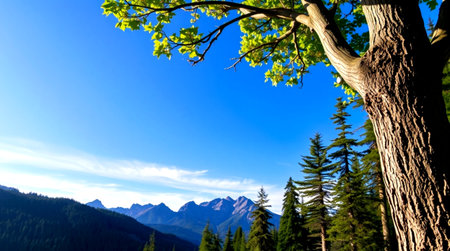 Mountain landscape with a tree in the foreground and a blue sky