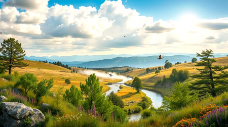Beautiful view of the mountains and the river. Summer landscape.の写真素材