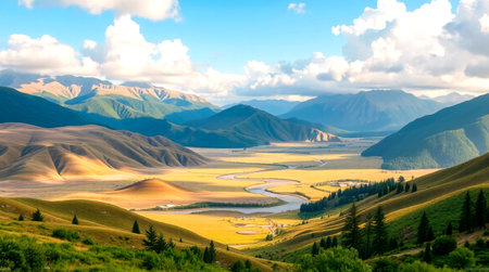 Beautiful panoramic view of mountains and valleyの写真素材