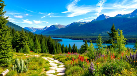 Mountain landscape with lake and forest in summer. Rocky Mountains, Canada