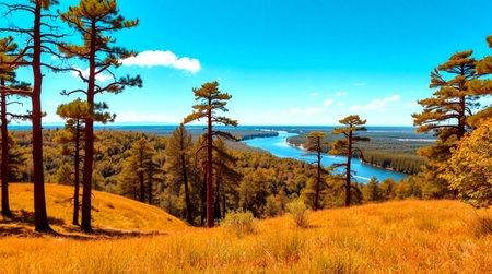 Panoramic view of the valley and the river in the autumn forestの写真素材