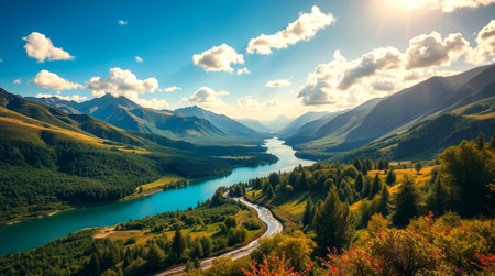 Panoramic view of the mountain lake. Beautiful summer landscape.