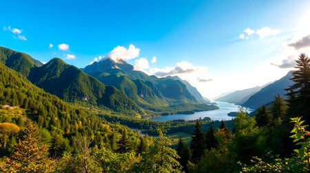 panoramic view of the lake in the mountains at sunset.