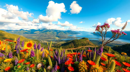 Panoramic view of the Carpathian mountains with flowers and blue skyの写真素材