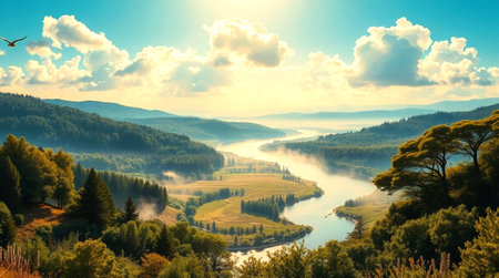 Foggy morning in the mountains. Landscape with river and forest.の写真素材
