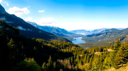 Mountain landscape with lake and forest. Blue sky with white clouds.