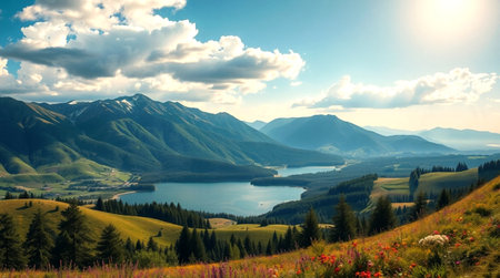 Beautiful summer landscape with mountain lake and blue sky with clouds.