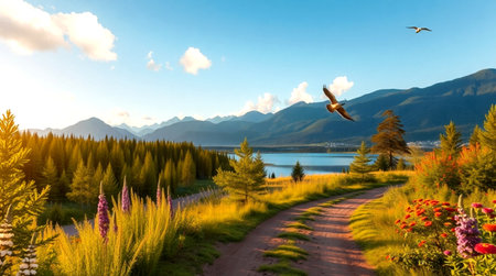 Beautiful summer landscape with lake, mountains, forest and blue sky