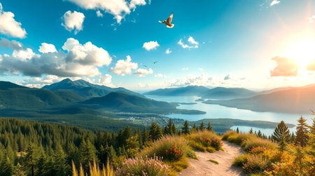 Panoramic view of the mountains and the lake. Sunset.