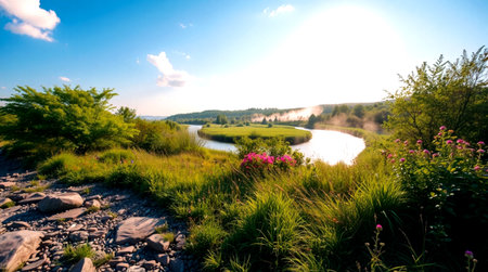 Beautiful summer landscape with river and blue sky. Panorama.
