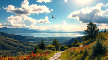 Beautiful summer landscape with mountains and lake. Blue sky with white clouds.