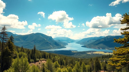 Panoramic view of the lake and mountains in the summer.の写真素材