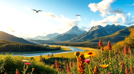 Mountain landscape with lake and wildflowers. Panoramic view.の写真素材