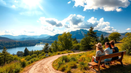 Couple sitting on a bench in the mountains and looking at the lakeの写真素材
