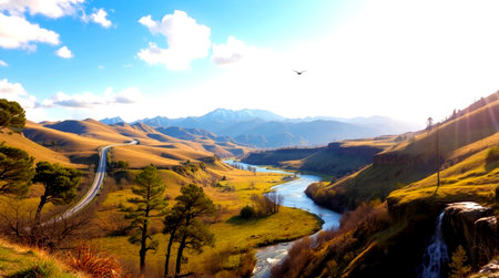Mountain landscape with river and blue sky, South Island, New Zealand