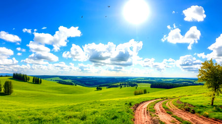 rural road in green meadow under blue sky with white cloudsの写真素材