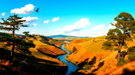 Landscape with a small river in the mountains. Tuscany, Italyの写真素材