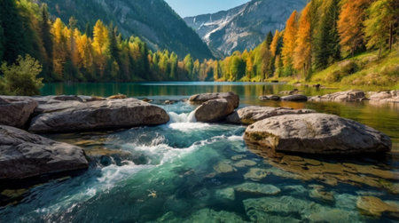 Mountain river in the Alps. Beautiful autumn landscape. Panoramic view.