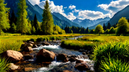 Mountain landscape with a river in the foreground, Kyrgyzstan