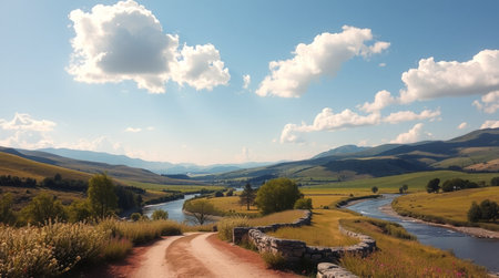Rural landscape with river, mountains and blue sky with white clouds
