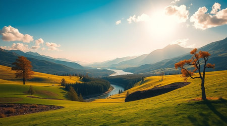 Panoramic view of beautiful alpine landscape with lake and forest.の写真素材