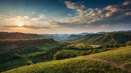 Sunset over the mountains. Beautiful summer landscape. Ukraine, Europe.
