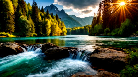 Panoramic view of alpine mountain river with clear water and beautiful sky with cloudsの写真素材