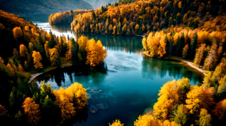 panoramic view of beautiful alpine lake in autumn with yellow trees