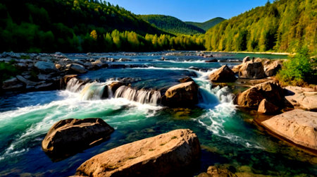 Beautiful mountain river with rapids and stones. Panoramic view