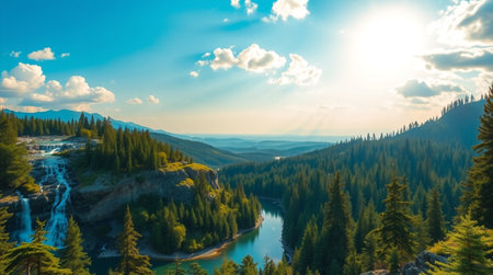 Panoramic view of the mountain river and coniferous forest.