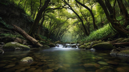 Long exposure of a river flowing through a deep forest in New Zealand