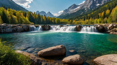 Panoramic view of the mountain lake and waterfall.