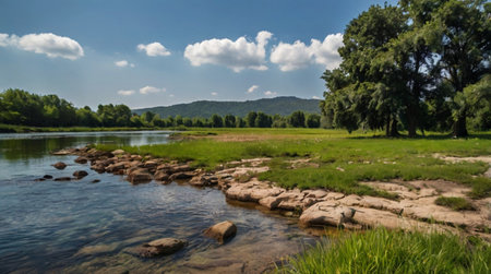 Landscape with river and blue sky with clouds. Panorama.